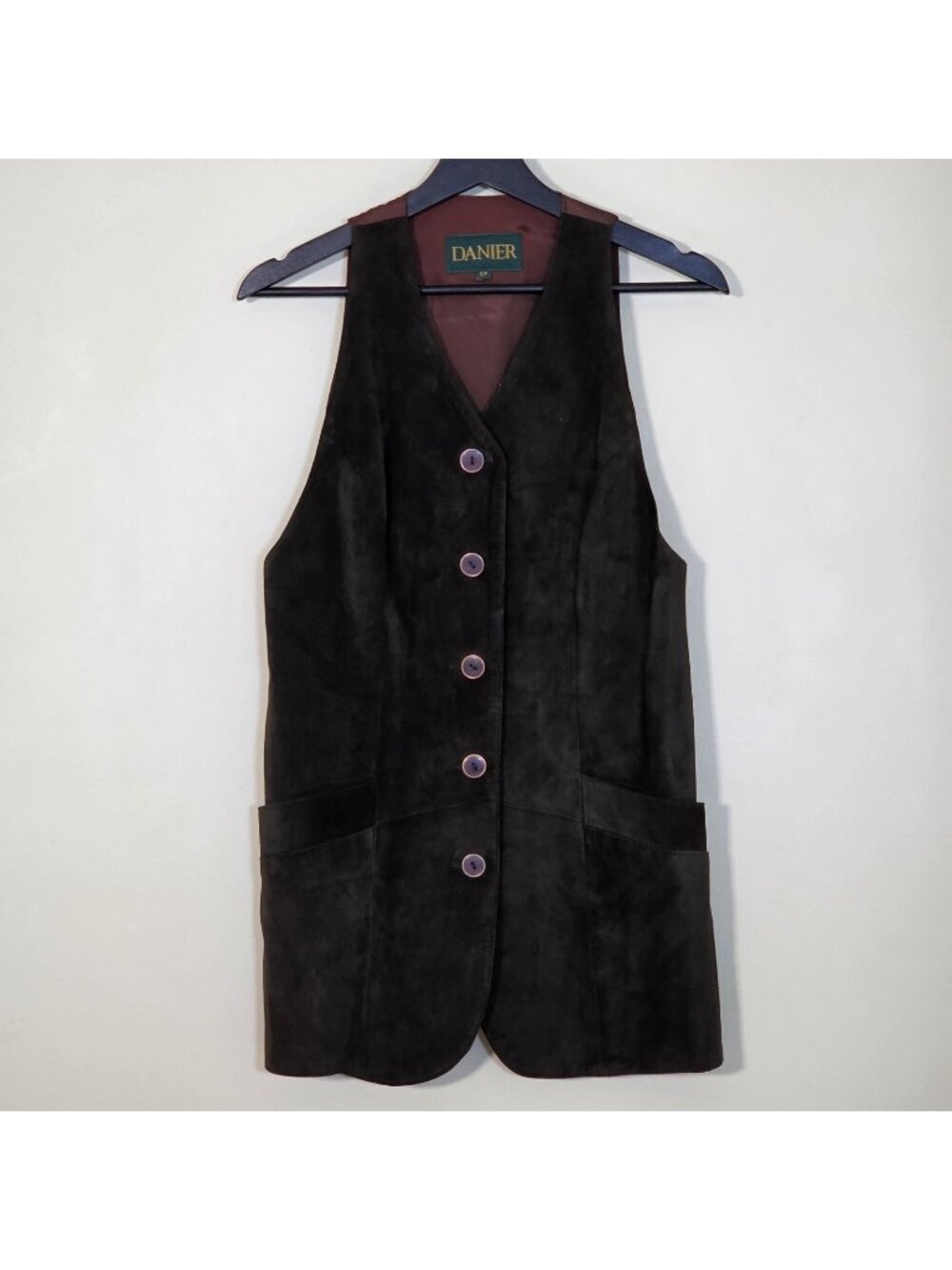 Danier Suede Front Vest S Khaki Green Brown Pockes Buttons Long Line Grunge Boho